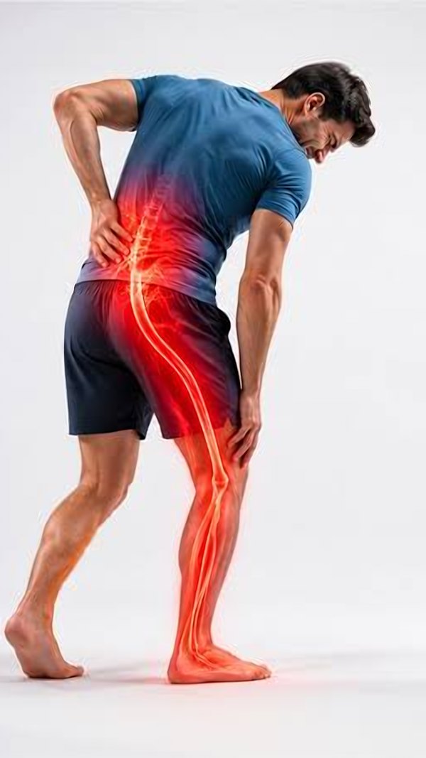 Man with pain highlighted along his spine and leg, representing sciatica and lower back pain