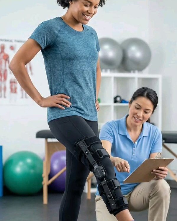 Woman in a knee brace doing a band exercise with a physiotherapist, representing post-surgery rehab